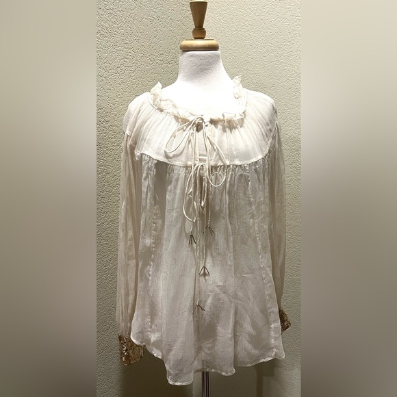 Free People Ivory Dream Sheer Split Neck Chiffon Sequin Cuff Boho Blouse Shirt S - Picture 3 of 8